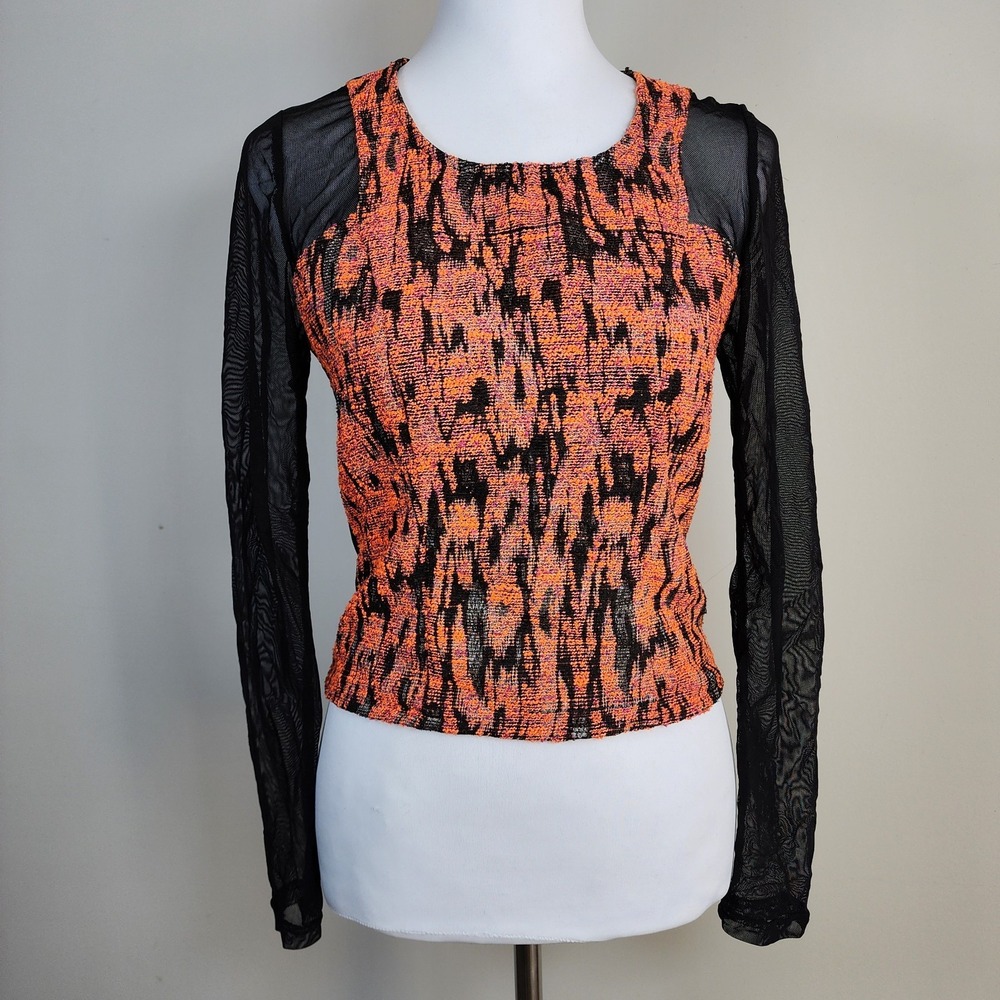 Lulumari Sheer Sleeve Top Womens Small Goth Rock Neon Orange Avant Garde Loud